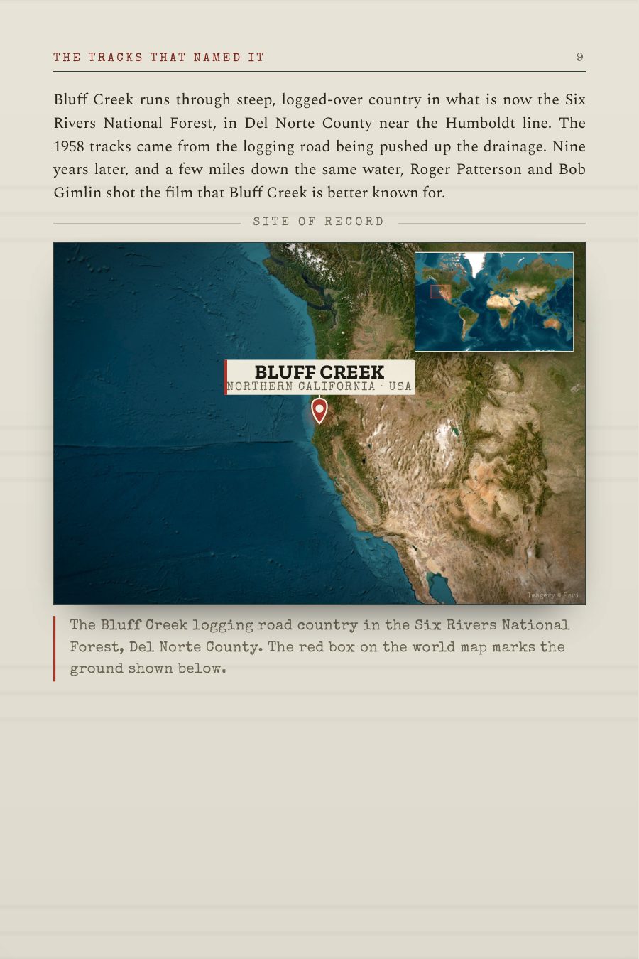 Site of record satellite map for Bluff Creek