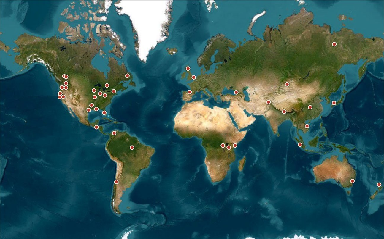 Satellite world map with 43 red pins marking every case in the book